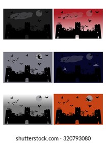 Vector illustration of haunted castle in scary Halloween night with bats ,full moon,witch