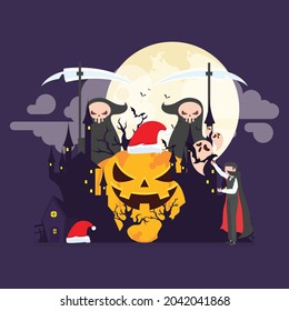 Vector illustration of haunted helloween. Halloween background. Spooky hut scene with big moon, ghost, bats, on dark purple background. Scary Samhain party invitation or card design.