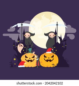 Vector illustration of haunted helloween. Halloween background. Spooky hut scene with big moon, ghost, bats, on dark purple background. Scary Samhain party invitation or card design.