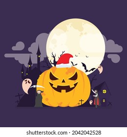 Ilustración vectorial de la helada embrujada. Fondo de Halloween. Escena de cabaña espeluznante con luna grande, fantasma, murciélagos, sobre fondo morado oscuro. Da miedo la invitación de Samhain o el diseño de la tarjeta.