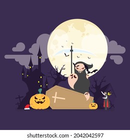 Ilustración vectorial de la helada embrujada. Fondo de Halloween. Escena de cabaña espeluznante con luna grande, fantasma, murciélagos, sobre fondo morado oscuro. Da miedo la invitación de Samhain o el diseño de la tarjeta.