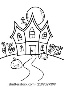 Vector illustration and haunted house   crooked trees the background full moon  Halloween night for coloring page 