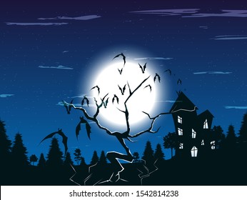 vector illustration of the haunted house dead tree and bats flying in the night sky, full moon and stars. Halloween landscape