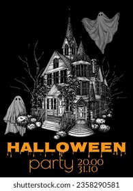 Vector illustration of a haunted house and ghosts in engraving style