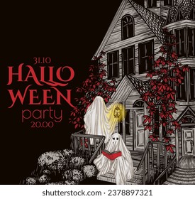 Vector illustration of a haunted house and ghosts in engraving style