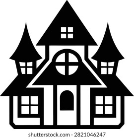 Vector illustration of haunted house icon featuring sharp roof towers and windows in black and white style perfect for halloween themed graphic design work.