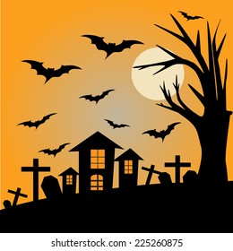 vector illustration of haunted old house in scary Halloween night.