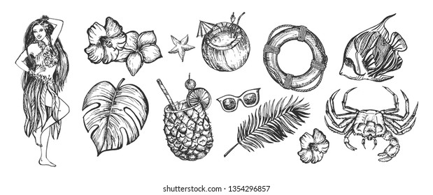 Vector illustration of havaian tropical summer set. Pineapple and coconut cocktails, safety buoy, crab and fish, girl and sunglasses, exotic flowers and palm leaves. Vintage hand drawn style.