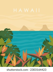 Vector illustration. Hawaii, America, USA. Tropical island of Oahu. Design for posters and postcards.