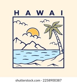 vector illustration hawaii beach, mountains and palm trees. Simple hand drawn line art sketch for T-Shirt, poster, logo template.