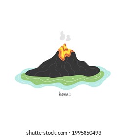 Vector illustration of hawaii island. Active volcano. Landscape. Flat, cartoon style.