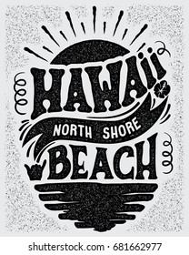 Vector illustration Hawaii, North Shore beach.Vintage typography for t-shirt graphics, poster, print, banner.