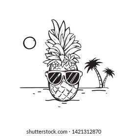 Vector illustration - Hawaii pineapple in sunglasses, chilling in the ocean, palm, summer