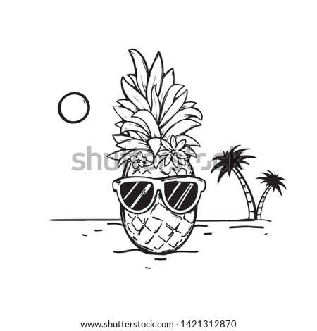 Vector illustration - Hawaii pineapple in sunglasses, chilling in the ocean, palm, summer