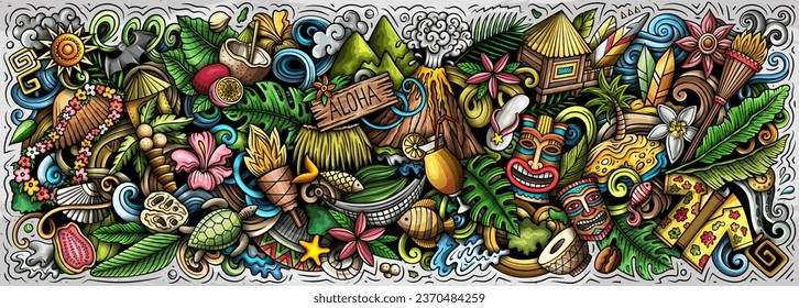 Ilustración vectorial con doodles temáticos de Hawaii. Diseño de pancartas vibrante y llamativo, capturando la esencia de la cultura y tradiciones hawaianas a través de símbolos de dibujos animados juguetones