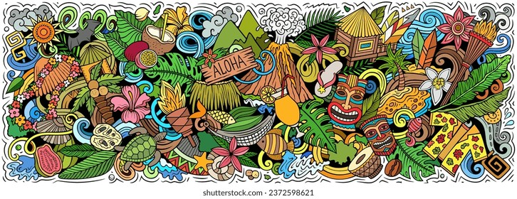 Vector illustration with Hawaii theme doodles. Vibrant and eye-catching banner design, capturing the essence of Hawaiian culture and traditions through playful cartoon symbols