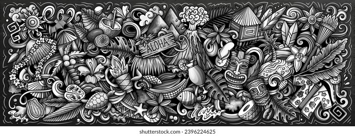 Vector illustration with Hawaii theme doodles. Monochrome banner design, capturing the essence of Hawaiian culture and traditions through playful cartoon symbols