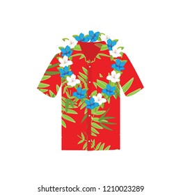 Vector illustration Hawaiian aloha shirt with flower wreath, necklace. Hawaii shirt aloha beach male cloth. 