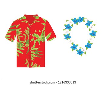Vector illustration Hawaiian aloha shirt with flower wreath, necklace. Hawaii shirt aloha beach male cloth. Hawaii shirt adult clothing pattern design and modern flat hawaii shirt textile.