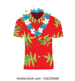 Vector Illustration Hawaiian Aloha Shirt With Flower Wreath, Necklace. Hawaii Shirt Aloha Beach Male Cloth. Hawaii Shirt Adult Clothing Pattern Design And Modern Flat Hawaii Shirt Textile.