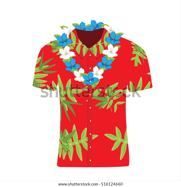 Vector illustration Hawaiian aloha shirt with\
flower wreath, necklace. Hawaii shirt aloha beach male cloth.\
Hawaii shirt adult clothing pattern design and modern flat hawaii\
shirt textile.