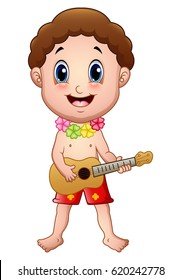 Vector illustration of Hawaiian boy playing a guitar