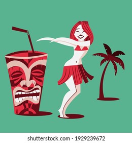 vector illustration - hawaiian girl dancing with tiki mask glass