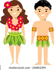  Vector illustration of  hawaiian male and female. Set of   hawaiian male and female dressed in national costumes. 