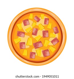 Vector illustration of Hawaiian pizza. Italian food in cartoon style. Isolated on a white background. Juicy hot delicious pizza with pineapples.
