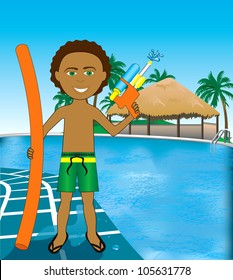 Vector Illustration of Hawaiian Pool Mixed Afro Boy with noodle and water gun.