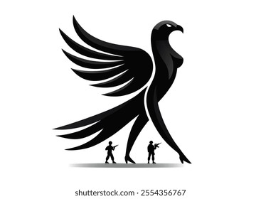 Vector illustration of hawkgirl standing isolated on white background. Hawk bird standing and confidently looks forward, covering yourself defenders of fatherland. Logotype, emblem, mascot, icon