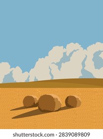 Vector illustration. Haystacks in a field, postcard, cover, banner, greeting card.