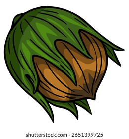 A vector illustration of a hazelnut in its husk, showcasing a stylized hand-drawn design with vibrant green leaves and a rich brown nut.