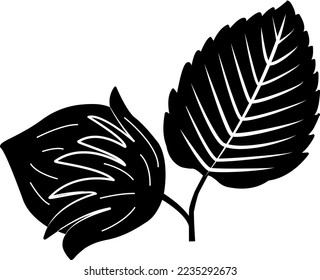 Ilustración vectorial de una avellana sobre un fondo negro. Icono de avellanas con hoja. Hojas forestales