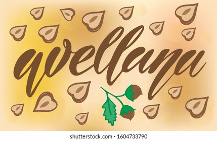 Vector illustration of Hazelnut text in Spanish for logotype, label, restaurant, menu, banner, magazine, poster, decoration. Hazelnut calligraphy background. Hazelnut lettering. EPS 10. 