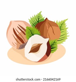 Ilustración vectorial de avellanas con hojas aisladas sobre fondo blanco. Adecuado para el diseño de paquetes, etiquetas sobre productos, para diferentes tipos de banners, carteles, publicidad.