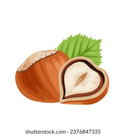 vector illustration, hazelnuts with shell and green leaves, isolated on white background.