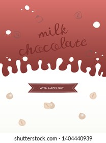 Vector illustration of hazelnuts and splash of milk with place for text. Template for web and advertising banner, article, promotion, design packaging of vegetable milk, porridge, protein bar etc. 