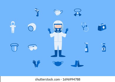 Vector illustration hazmat suit occupation for a doctor or medical staff. Such as N-95 mask, medical gloves, stethoscope, disinfectant spray, goggle mask, infrared thermometer. Flat design.