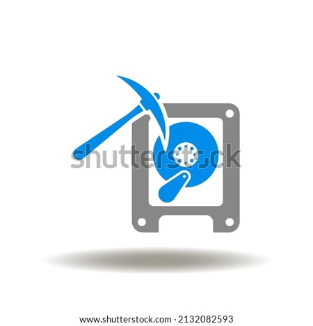 Vector illustration of HDD with pickaxe. Icon of chia crypto currency mining. Symbol of hard disk drive and pickax.