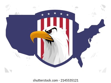 vector illustration of the head of an American eagle with a coat of arms on the background of the silhouette of the USA map