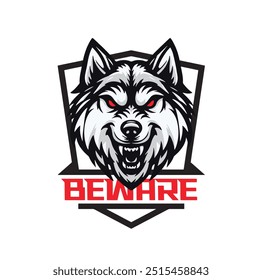 Vector Illustration, Head of Angry Wolf in shield and Red text BEWARE. can use as logo