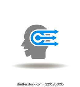 Vector illustration of head with arrows forward. Icon of forward thinking. Symbol of mindset and brainstorm. Sign of strategy idea generation.