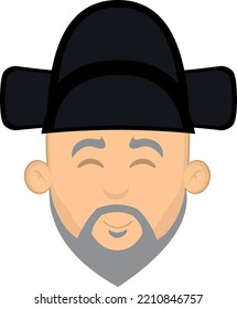 Vector illustration of the head of an asian older man, with a gray beard and a samo hat classic of korean culture