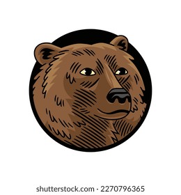 Vector illustration of the head of a bear, framed in a circular shape, in color and black border lines.