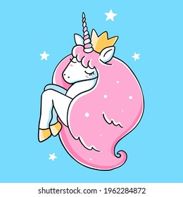 Vector illustration of head of beautiful unicorn with horn and pink mane on blue color background with star