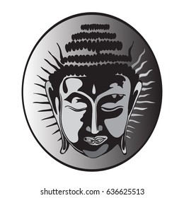 Vector illustration with head of Buddha isolated on white. Hand drawn design with Buddhism, Spiritual motifs.