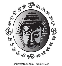 Vector illustration with head of Buddha isolated on white. Hand drawn design with Buddhism, Spiritual motifs.