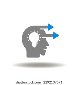 Vector illustration of head with bulb and forward arrows.  Icon of forward thinking. Symbol of mindset and brainstorm. Sign of strategy, idea generation.