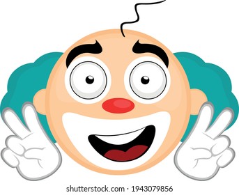 Imagen vectorial de la cabeza de un payaso de dibujos animados con una expresión feliz haciendo un gesto con sus manos del símbolo de paz y amor